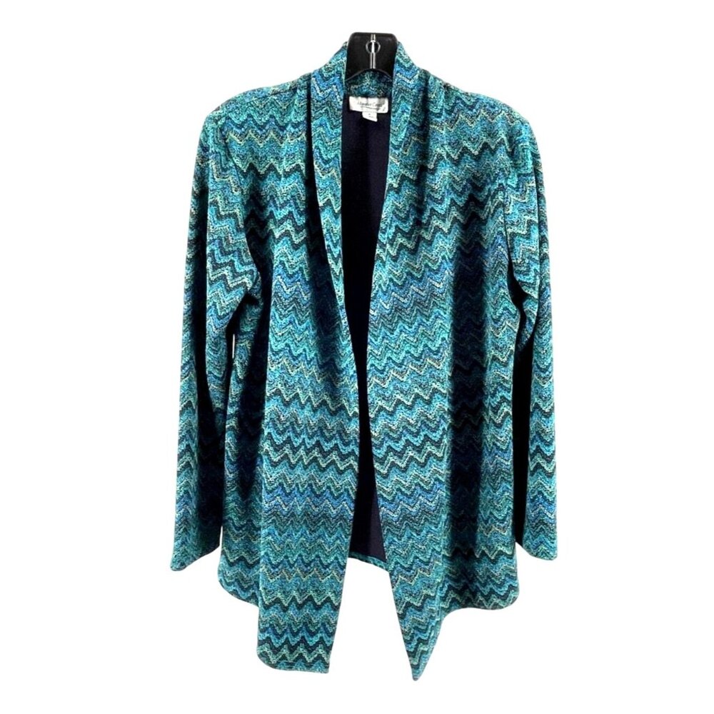 Coldwater Creek Green Striped Knit Sleeve Drape Front Cardigan Top Jacket Size M